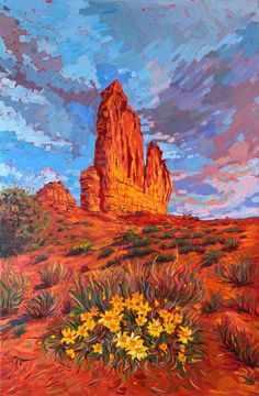 a painting of a desert with flowers in the foreground