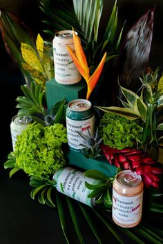 some cans and plants on a table