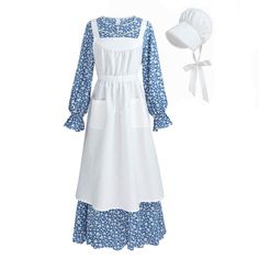 a white dress with blue flowers on it, and a bonnet in the shape of a flower