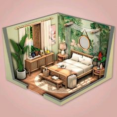 a room with a bed, dressers and mirror in the center is decorated with tropical plants