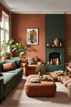 a living room filled with lots of furniture next to a fire place and potted plants