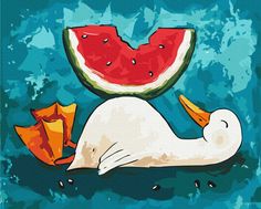 a painting of a watermelon and duck with umbrellas on the ground in front of it