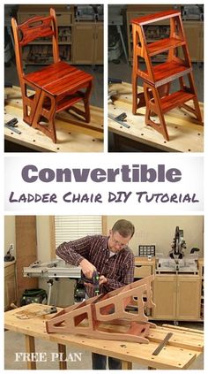 the steps to make a chair out of wood are shown in three different pictures, with text overlay that reads free diy stool