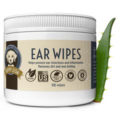 the jar of ear wipes is next to an aloei leaf on a white background