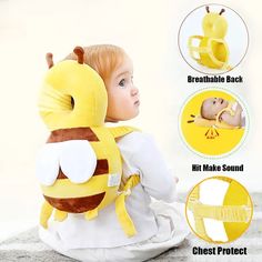 a baby sitting on the ground wearing a yellow bee backpack with instructions for how to use it