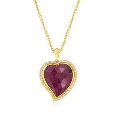 Ross-Simons - 9.75ct Ruby, .20ct t.w. White Topaz Heart Pendant Necklace Over Sterling. 20". Here's a design you'll love! Our pendant necklace features a 9.75 carat ruby heart framed by .20 ct. t.w. white topaz gemstones in polished 18kt yellow gold over sterling silver. Suspends from a cable chain. Lobster clasp, white topaz and ruby heart pendant necklace. Ruby birthstones are the perfect gift for July birthdays. Ruby Heart Pendant, Necklace Ruby, Ruby Heart, Ruby Birthstone, Topaz Necklace, Heart Frame, Ruby Jewelry, Heart Shape Pendant, Topaz Gemstone