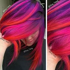 Purple pink red hair Pink And Purple Hair, Sunset Hair, Guy Tang, Neon Hair, Neon Red, Bright Hair, Funky Hairstyles, Dye My Hair, Red Hair Color