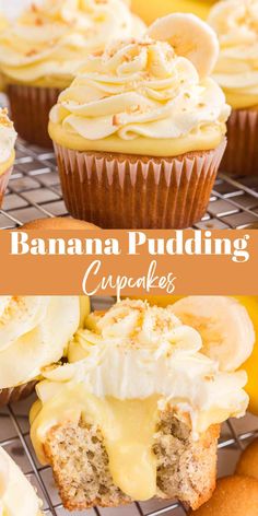 banana pudding cupcakes with white frosting and sliced bananas in the background, on a cooling rack