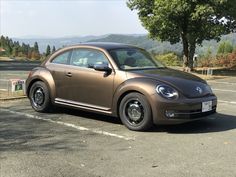 a brown car parked in a parking lot next to trees