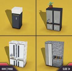 four different types of refrigerators with doors and drawers on each side, one has a potted plant in the middle