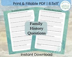 print and fillable family history questions with the text, instant file for 8x7