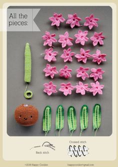 crocheted flowers and scissors are shown in this ad for the knitting book, all the pieces