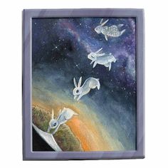 three white rabbits flying in the sky with stars and planets behind them on a purple background