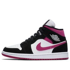 Nike W Air Jordan 1 Mid Magenta features a white leather base with black nubuck overlays. Highlighting the shoe are Magenta accents throughout as well as covering its rubber outsole. (AJ1/SNKR/Retro/Light/Women's/High Top/Basketball) Custom Sneakers With Contrasting Heel Counter For Streetwear, 70s Converse, Nike Jordan 1 Mid, Nike X Travis Scott, Converse Run, Converse Run Star, Jordan Sneakers, Nike Air Huarache, Air Huarache