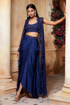 Buy Pink Banarsi Silk Handwoven Geometric Lapel Collar Long Coat With Pant For Women by Pinki Sinha Online at Aza Fashions. Cape Skirt, Georgette Skirt, Blue Cape, Satin Bustier, Dhoti Pants, Draped Skirt, Indian Dress, Embroidered Neckline, Silk Organza