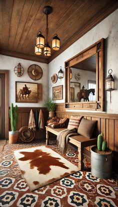 a living room filled with lots of furniture next to a wall mounted mirror and potted plants