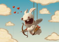 an animated rabbit swinging on strings in the sky