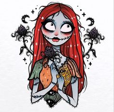 a drawing of a girl with long red hair holding an orange and black bird in her hands