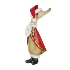 a figurine of a bird wearing a santa hat and red coat with gold trimmings