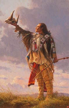 a painting of a native american man holding an animal's head in his right hand