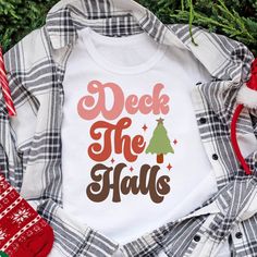 Deck the Halls Retro Groovy Christmas Holidays T-Shirt Festive Holiday Graphic Print T-shirt, Christmas Shirt Retro Vinyl, Christmas Holiday Cotton T-shirt, Christmas Retro Tree Shirts, Retro Christmas - Spoonflower Collaboration, Cowboy Christmas, Christmas Tees, Dear Santa, Deck The Halls