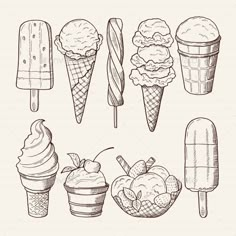 hand drawn ice cream and desserts - food objects