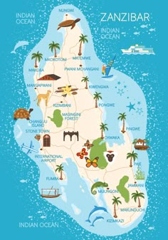 an illustrated map of zanibar with all the major cities and their main attractions