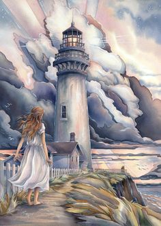 a painting of a woman walking towards a lighthouse on the ocean with clouds in the background