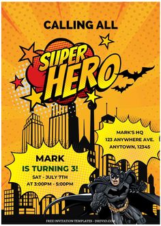 a poster for a superhero birthday party with the words,'super hero'on it