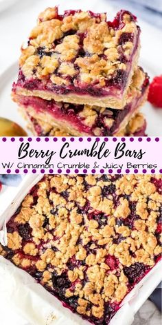 berry crumble bars are stacked on top of each other