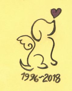 a drawing of a dog with a heart on it's tail and the year 1994 - 2010 written in black ink