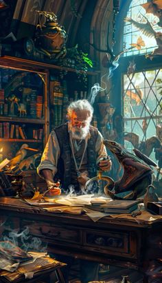 an old man sitting at a desk surrounded by books