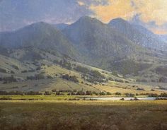 an oil painting of mountains in the distance with grass and trees on either side of them