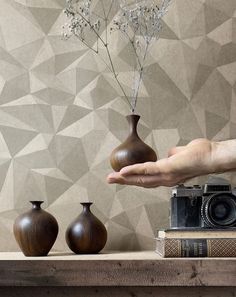 a hand holding a vase with flowers in it next to three smaller vases on a shelf