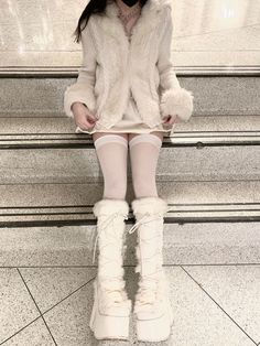 White Boots Outfit Y2k, Snow Y2k Outfits, Icecore Outfit, White Winter Outfits Aesthetic, Snowcore Outfit, Winter Fairy Aesthetic Outfits, Winter Fairy Coquette Outfits, Fishnet Sweater Outfit, Snow Aesthetic Outfit