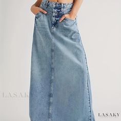 Lasaky - Vintage Style A-Line Maxi Denim Skirt with Raw Hem and Slash Pocket, Womens Denim Jeans & Clothing Collection Fitted Denim Skirt, Vintage Denim Skirt, Womens Denim Skirts, High Waist Long Skirt, Blue Jean Skirt, Long Denim Skirt, Trendy Skirts, Denim Skirt Women, Denim Maxi