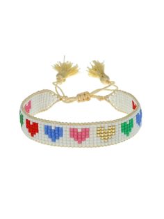 a white beaded bracelet with hearts on the front and back, in different colors