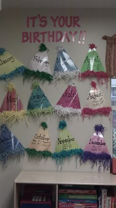 a birthday party hat display on the wall