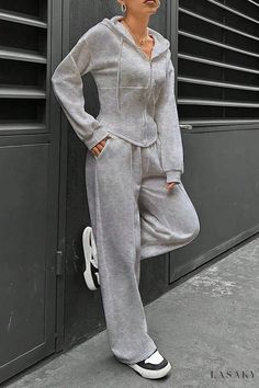 Lasaky - Soft Touch Sweat Suit with Adjustable Drawstrings Rose Sleeve, Slim Fit Hoodie, Polyester Pants, Hooded Cardigan, Retro Outfits, Two Piece Set, Set For Women, Two Piece Outfit, Grey Hoodie