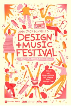 an advertisement for the design music festival with people dancing and singing in front of them