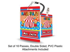 two red and blue luggage tags with the words, set of 10 passes, double sided, plastic attachments included