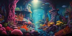 an underwater scene with fish and corals