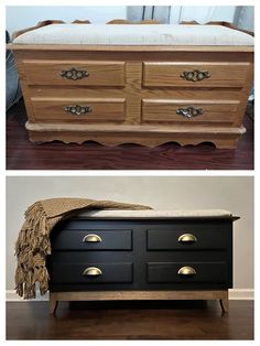 two different pictures of an old dresser