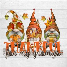 three gnomes with autumn leaves on their heads and the words, thanksgiving for my grandmotheries