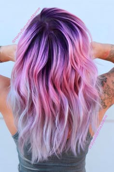 Bright Colors of Purple Ombre Hair picture 6 Pink And Lavender Hair Dark Roots, Different Color Hair Ideas Ombre, 2023 Fun Hair Color Trends For Women, Lavender Shadow Root, Vivid Colour Hair, Vivid Hair With Shadow Root, Blonde Hair With Pink And Purple, Dark To Light Purple Ombre Hair