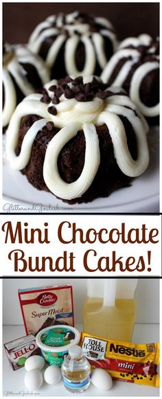 mini chocolate bundt cakes with white icing on top