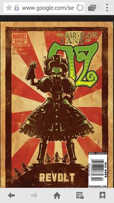 a poster for the marvelous land of oz and iron man, with an image of a woman in a dress