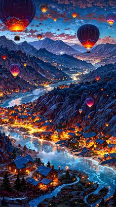 hot air balloons flying over a city at night with lights on the buildings and mountains in the background