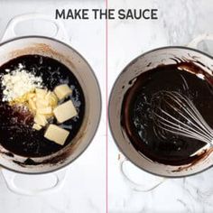 two pans filled with chocolate and butter next to each other