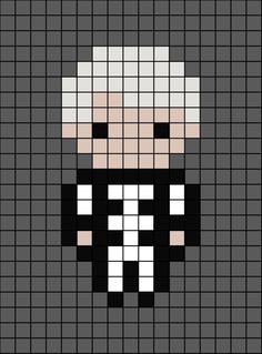 A pixel art template of the singer Gerard Way (from My Chemical Romance, the brand, also known as M.C.R) dressed in a skeleton costume with white like hair.

Originally by Experimental Tie Dye on Instagram. Gerard Way Perler Beads, My Chemical Romance Perler Beads, Mcr Cross Stitch, Mcr Kandi Pattern, Cool Pearler Bead Designs, Mcr Perler Bead Patterns, Perler Bead Patterns Emo, Band Perler Beads, Emo Perler Bead Patterns